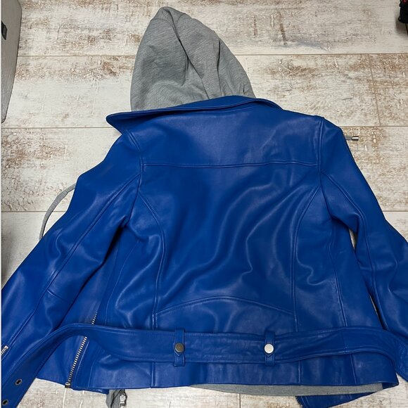 Bloomingdales Aqua Royal Blue Layered Leather Jacket with Removable Grey Hoodie - Picture 2 of 4